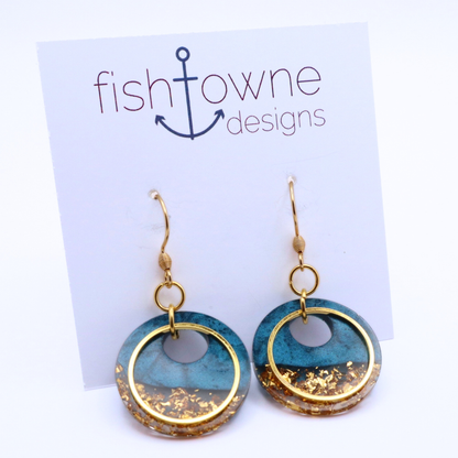Dark Teal and Gold Resin Earrings - Bermuda Triangle