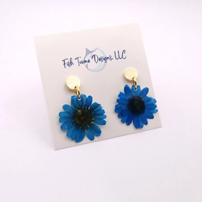 Blue real flower resin earrings with 18K gold plated posts vibrant floral dangle earrings handmade