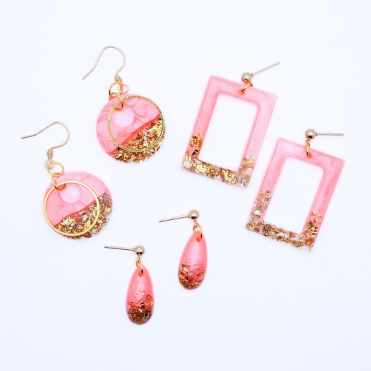 Coral and Gold Resin Earrings - Coral Reef