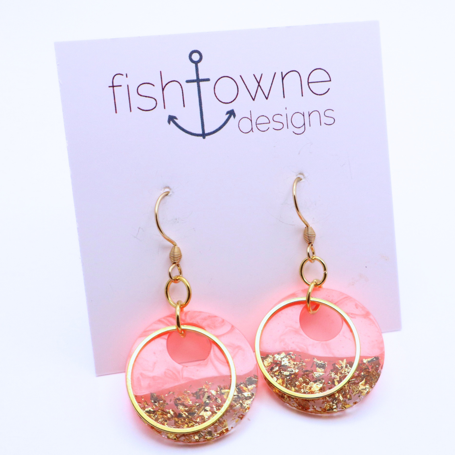 Coral and Gold Resin Earrings - Coral Reef