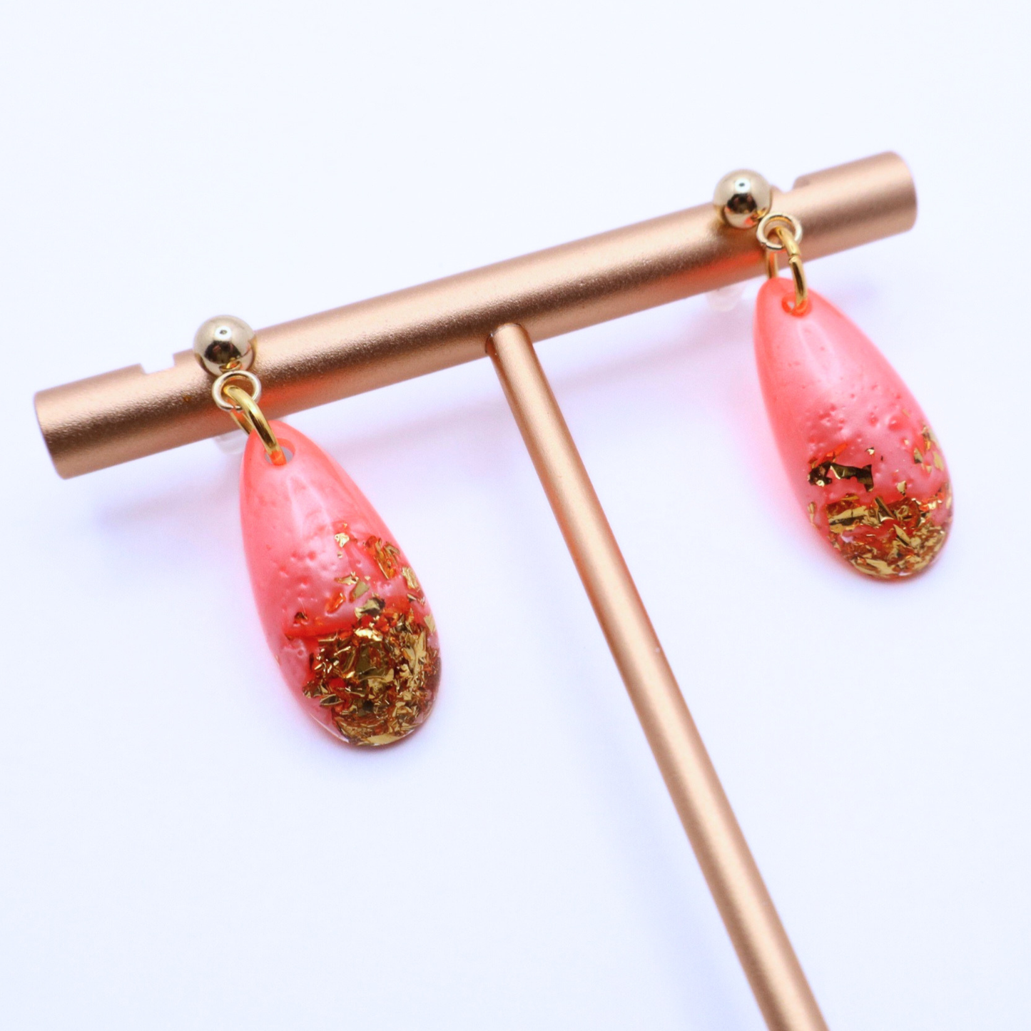 Coral and Gold Resin Earrings - Coral Reef