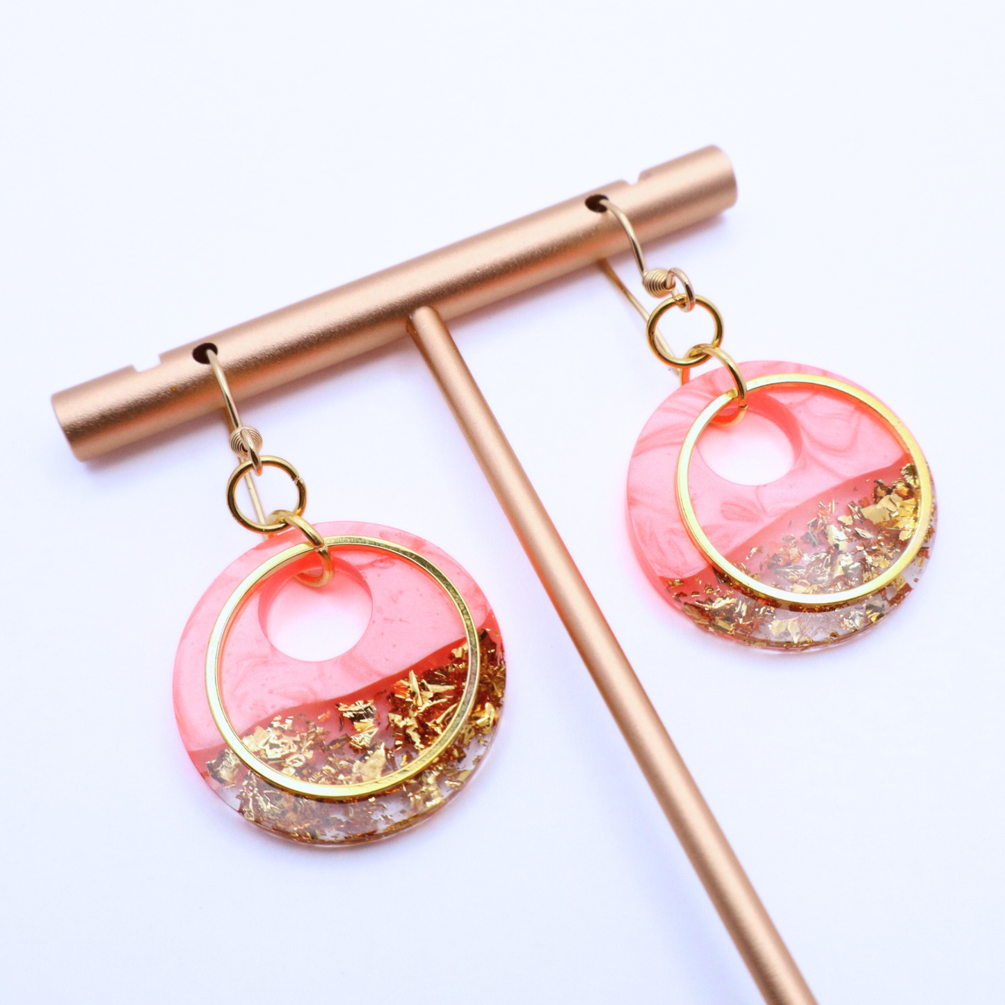 Coral and Gold Resin Earrings - Coral Reef