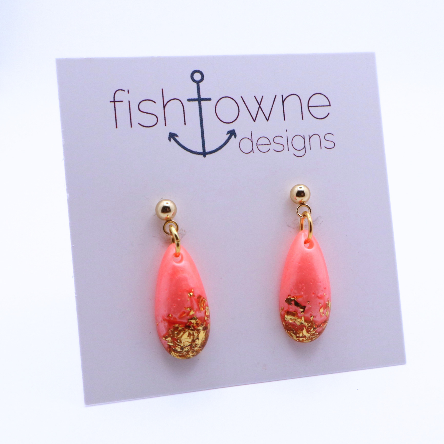 Coral and Gold Resin Earrings - Coral Reef