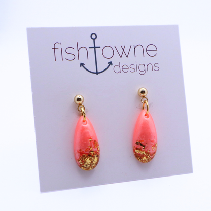 Coral and Gold Resin Earrings - Coral Reef