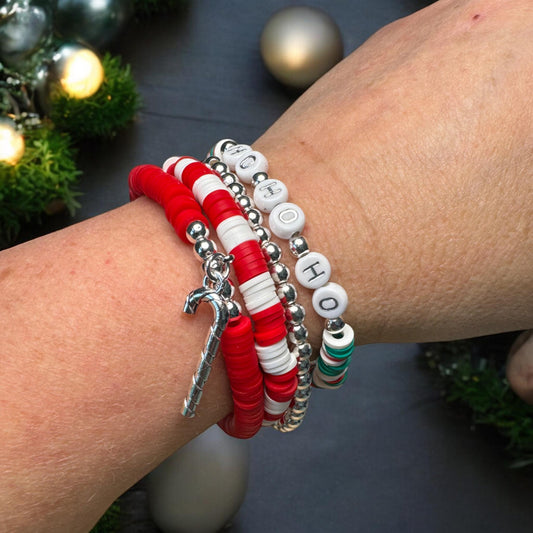 Christmas Bracelet Stack – Festive 'Ho Ho Ho' Beaded Holiday Jewelry Set - Stocking Stuffer