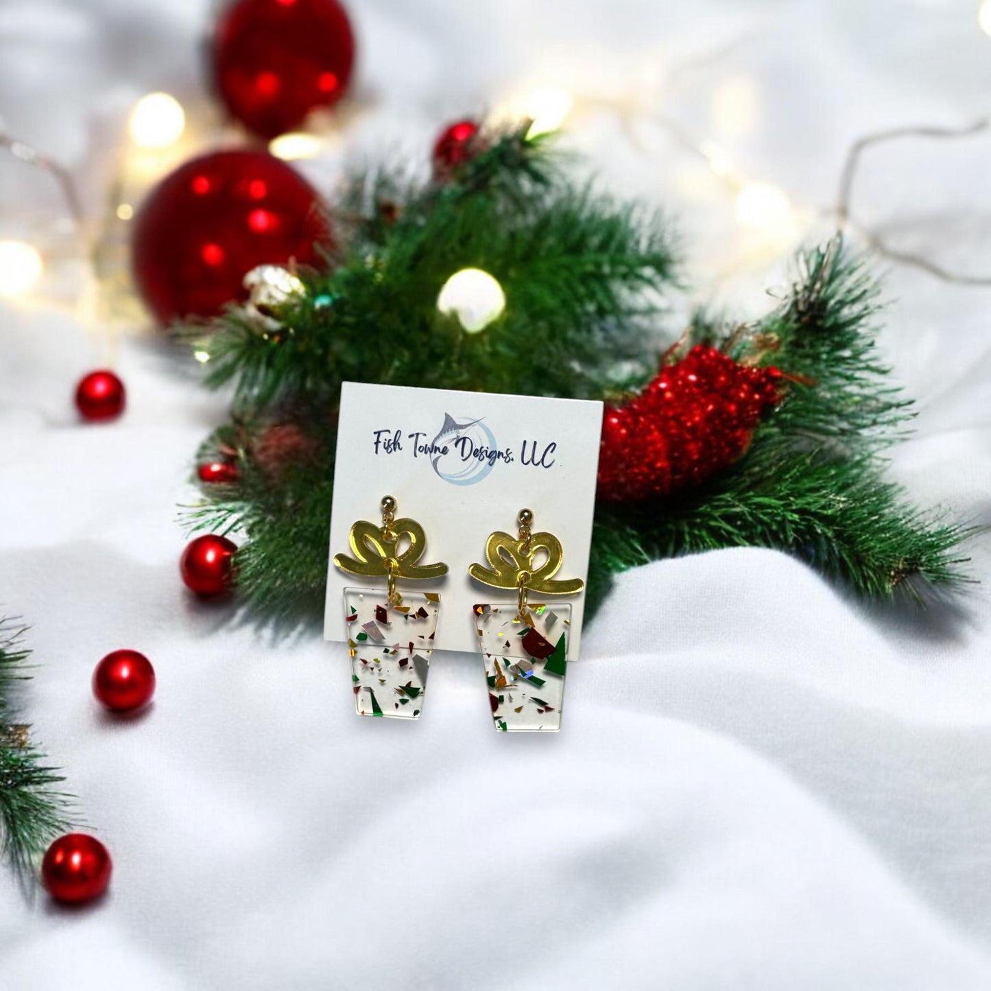 Christmas Present Acrylic Earrings - Festive Holiday Gift Box Dangle Jewelry with Glitter Accents