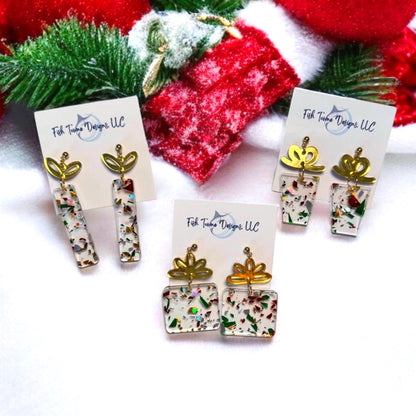 Christmas Present Acrylic Earrings - Festive Holiday Gift Box Dangle Jewelry with Glitter Accents