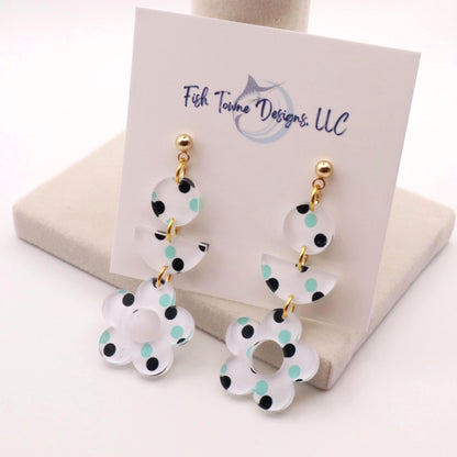 Teal and Navy Polka Dot Flower Earrings – Playful Acrylic Dangle Earrings
