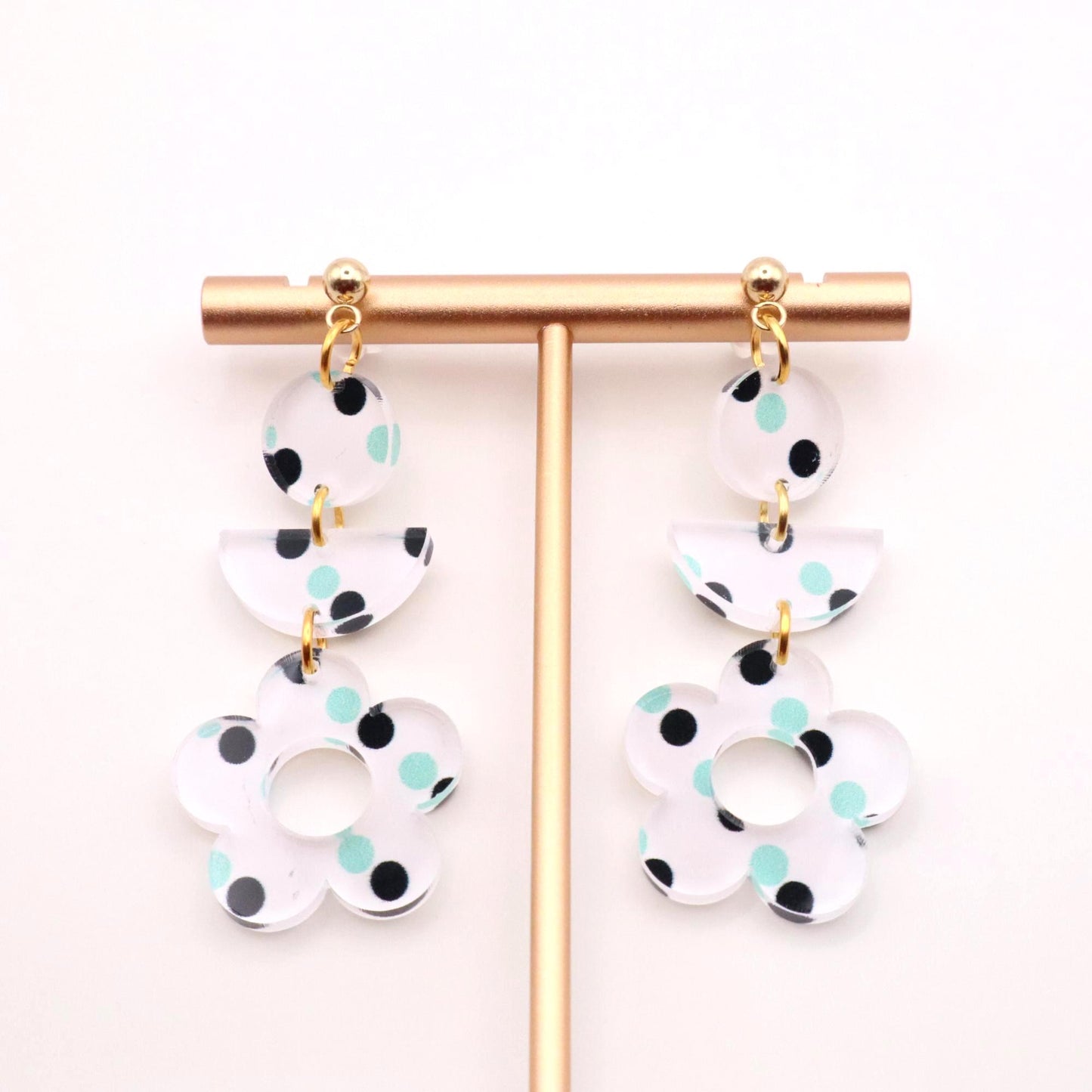 Teal and Navy Polka Dot Flower Earrings – Playful Acrylic Dangle Earrings