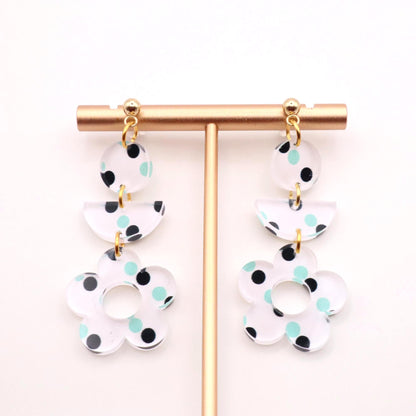 Teal and Navy Polka Dot Flower Earrings – Playful Acrylic Dangle Earrings