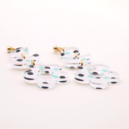 Teal and Navy Polka Dot Flower Earrings – Playful Acrylic Dangle Earrings