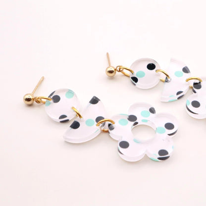 Teal and Navy Polka Dot Flower Earrings – Playful Acrylic Dangle Earrings