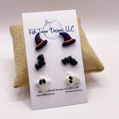 Halloween Stud Earring Sets, Jack-O-Lantern earrings, Pumpkin, Witch Hat Studs, Ghost Studs