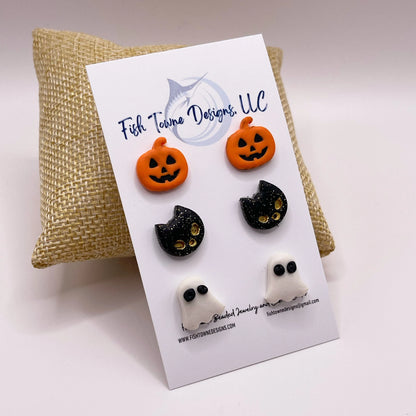 Halloween Stud Earring Sets, Jack-O-Lantern earrings, Pumpkin, Witch Hat Studs, Ghost Studs