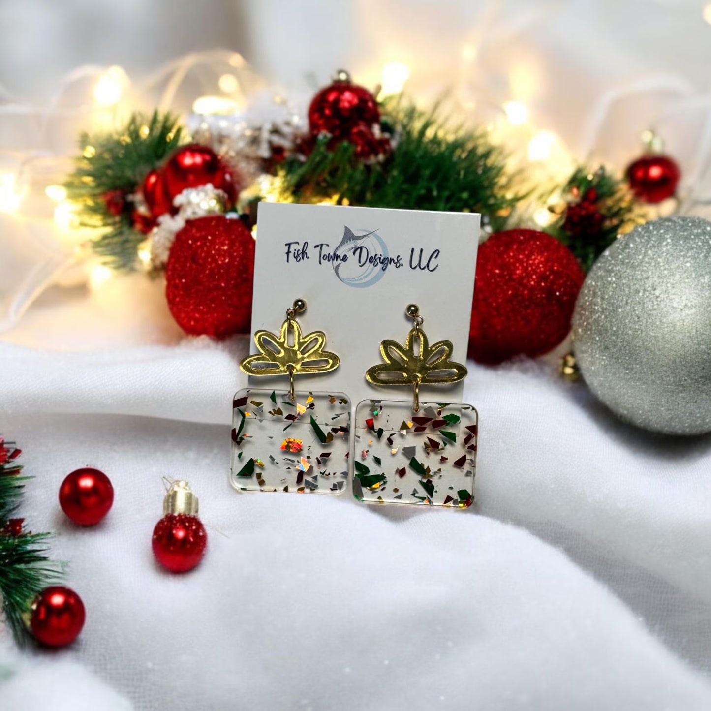 Christmas Present Acrylic Earrings - Festive Holiday Gift Box Dangle Jewelry with Glitter Accents