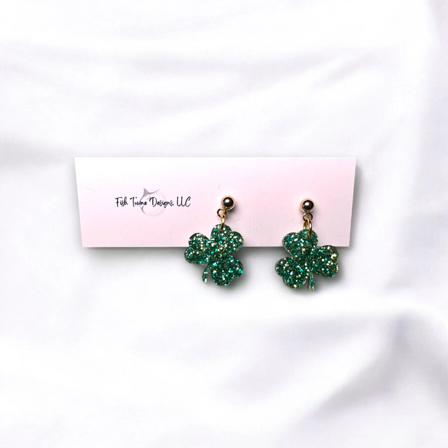 St. Patrick's Day Shamrock Acrylic Earrings | Green Glitter Dangles