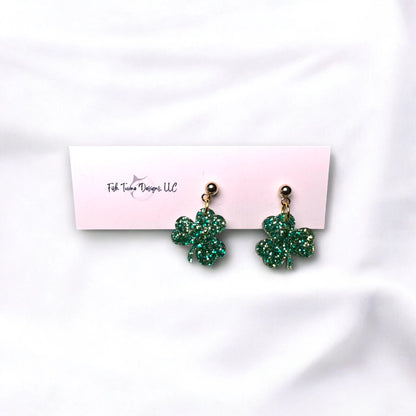 St. Patrick's Day Shamrock Acrylic Earrings | Green Glitter Dangles