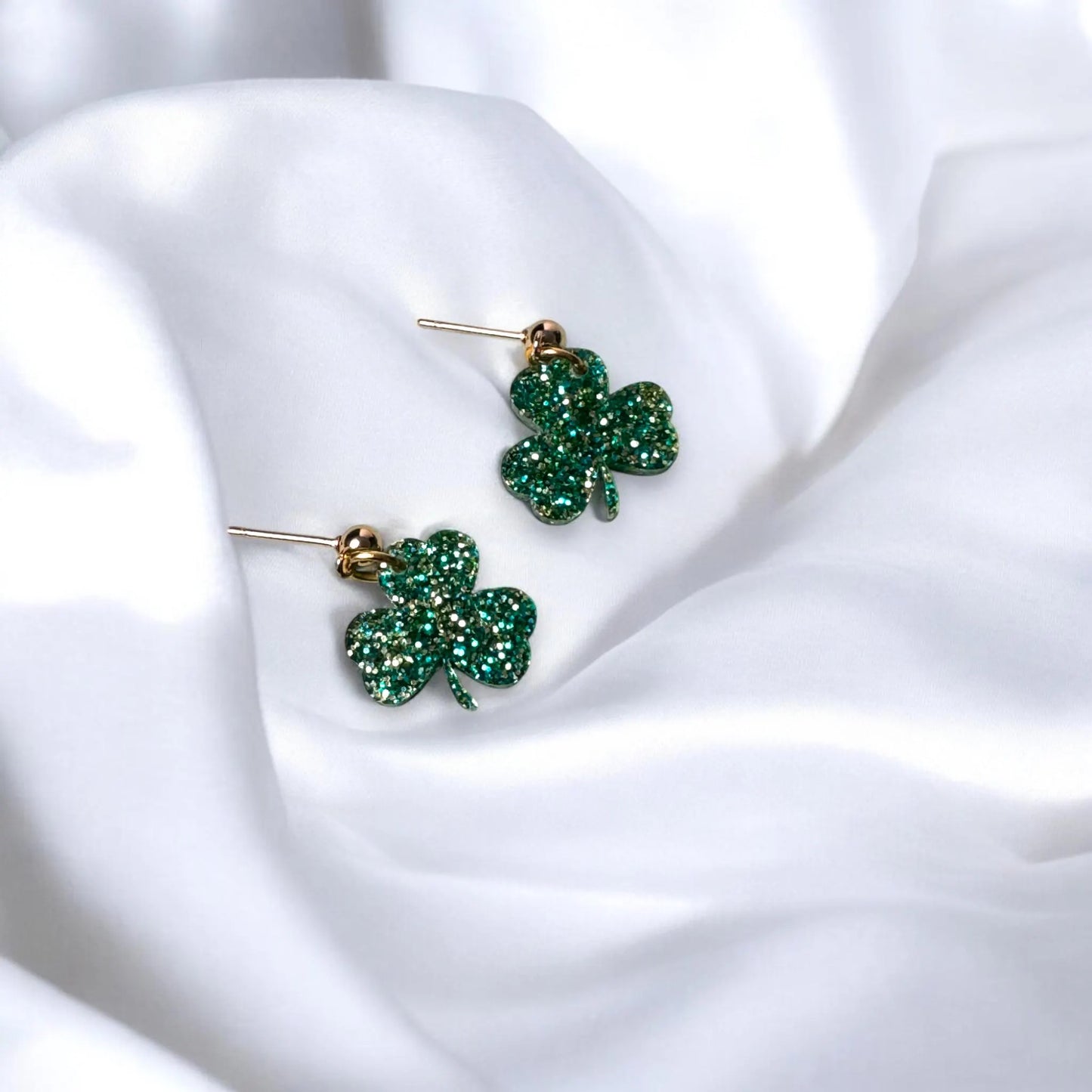 St. Patrick's Day Shamrock Acrylic Earrings | Green Glitter Dangles