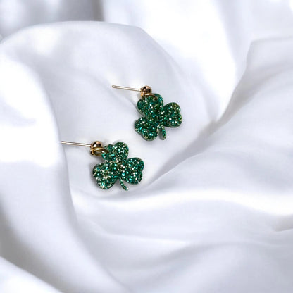 St. Patrick's Day Shamrock Acrylic Earrings | Green Glitter Dangles