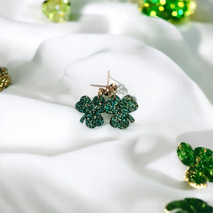 St. Patrick's Day Shamrock Acrylic Earrings | Green Glitter Dangles