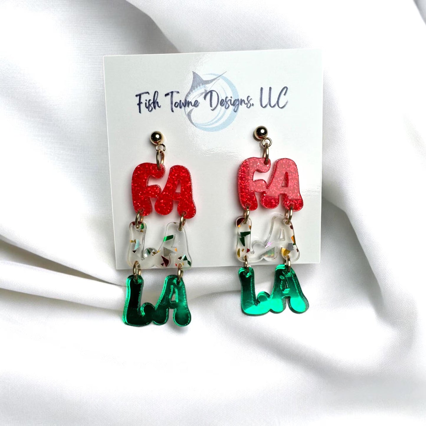 Festive Fa La La Christmas Acrylic Earrings – Holiday Jewelry for the Season - Stocking Stuffer