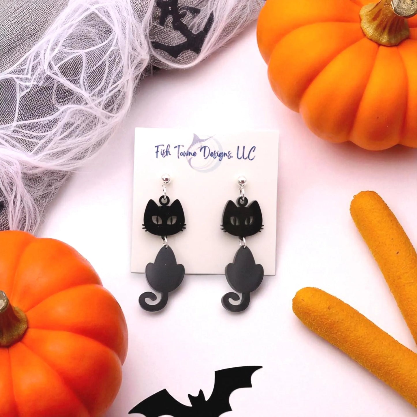 Spooky Black Cat Halloween Acrylic Earrings – Lightweight Statement Jewelry