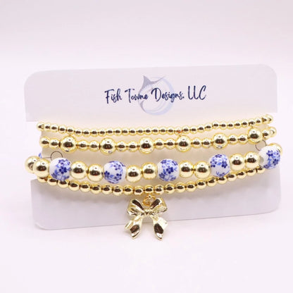 Gold and Chinoiserie Beaded Bracelet Stack with Bow Charm | Set of 4 Stretch Bracelets