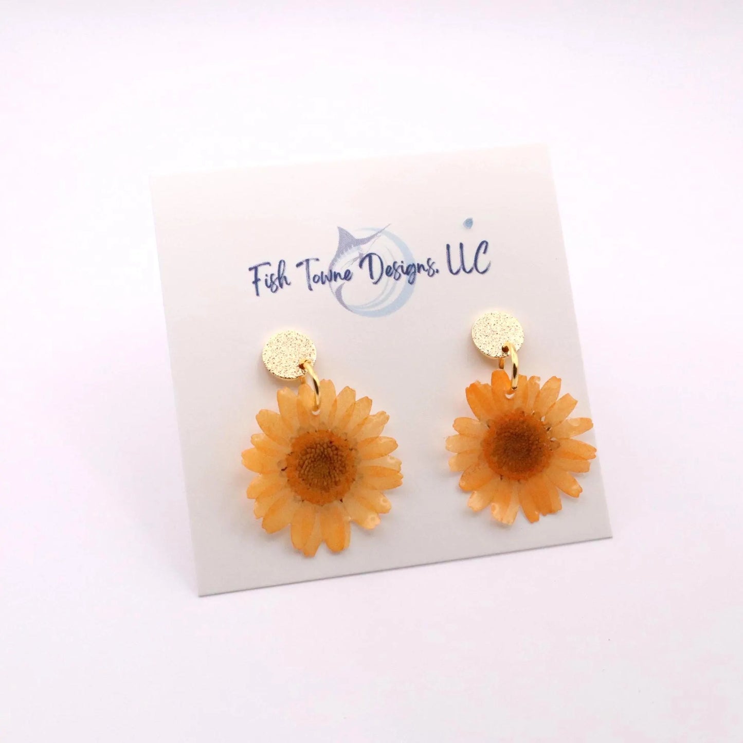 Orange real flower resin earrings with 18K gold plated posts bright floral dangle earrings handmade