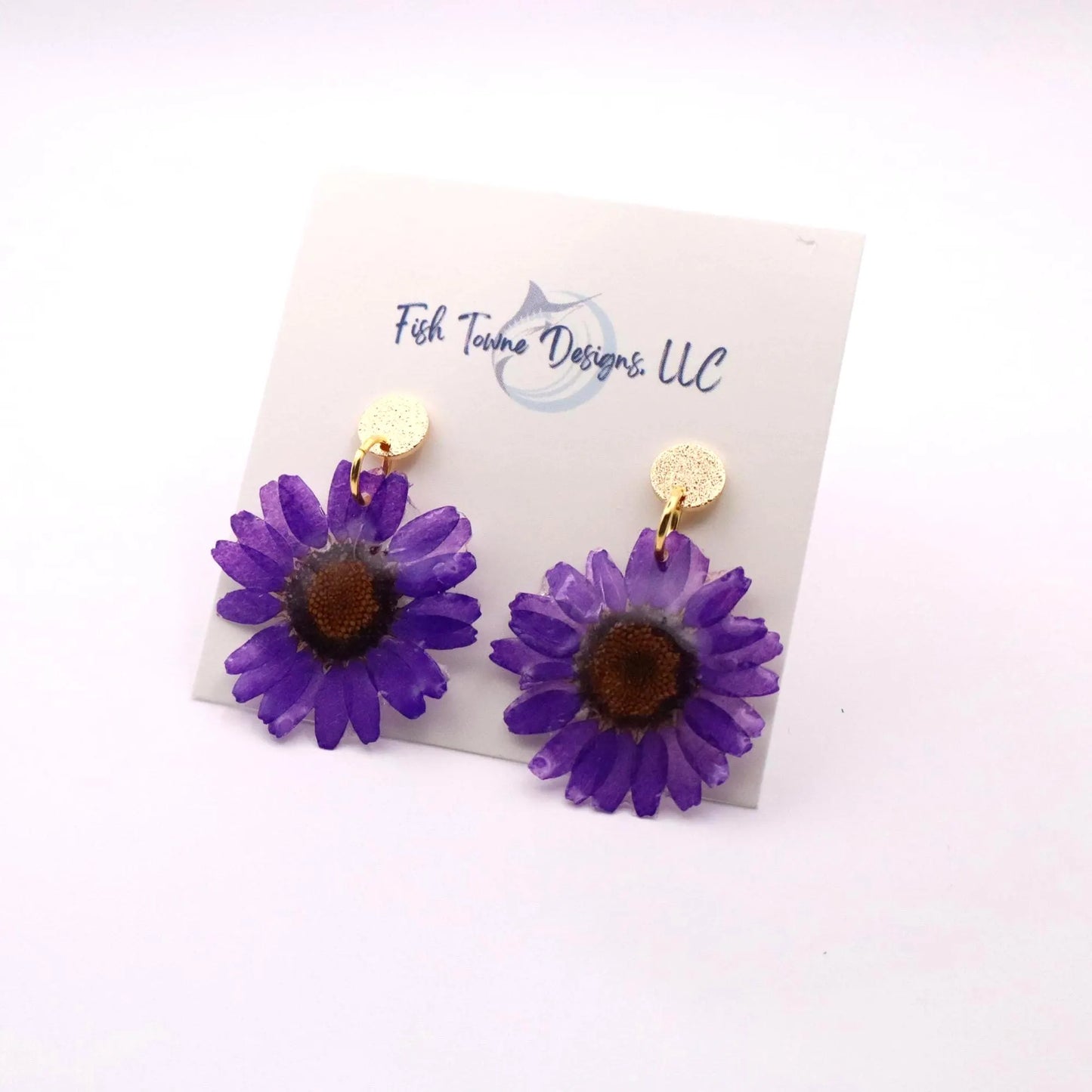 Purple real flower resin earrings with 18K gold plated posts lightweight handmade floral dangle earrings