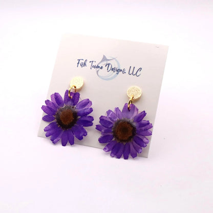 Purple real flower resin earrings with 18K gold plated posts lightweight handmade floral dangle earrings