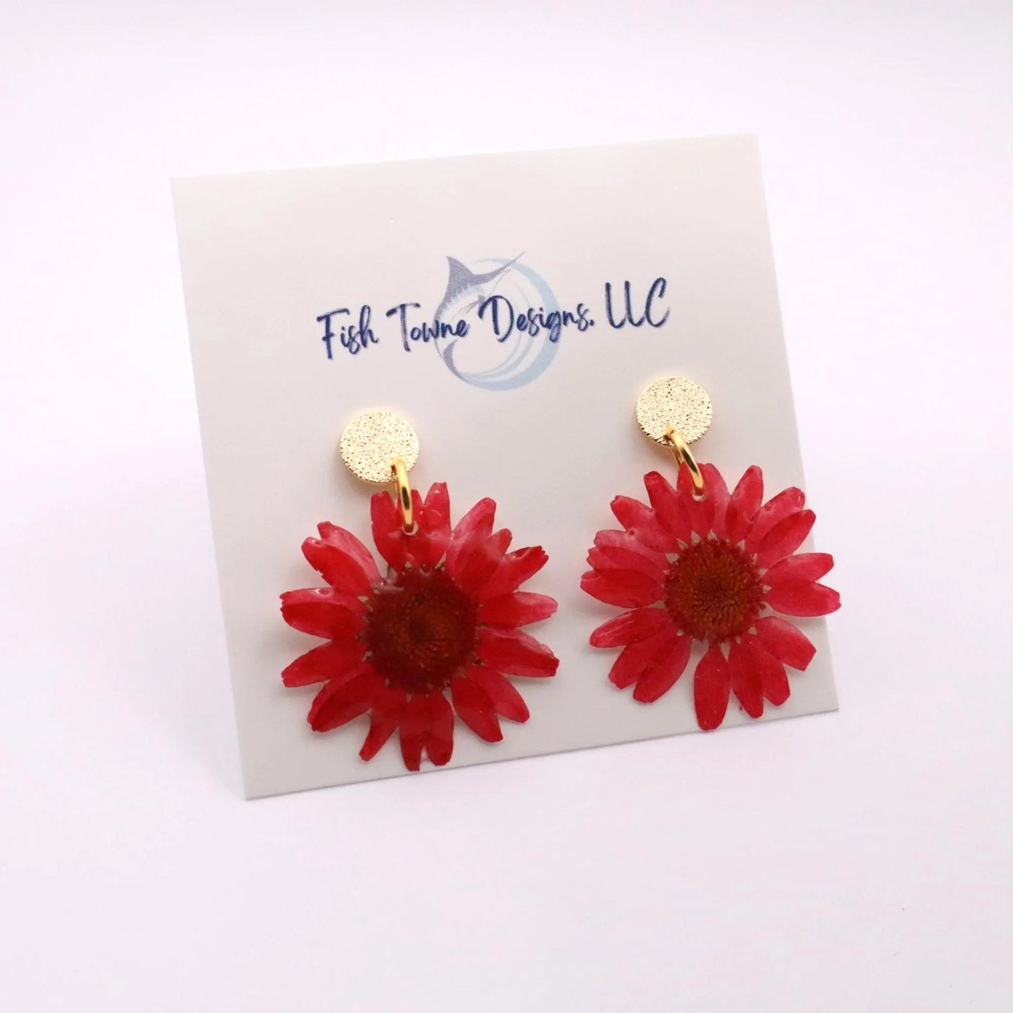 Red real flower resin earrings with 18K gold plated posts bold floral statement earrings handmade