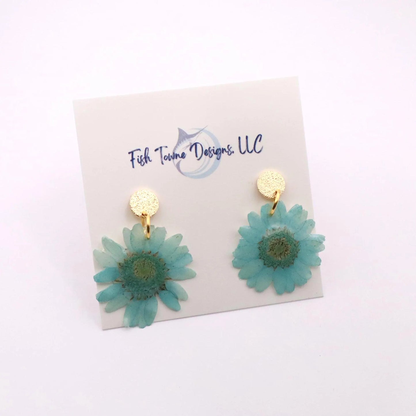 Teal blue real flower resin earrings with 18K gold plated posts botanical handmade floral earrings
