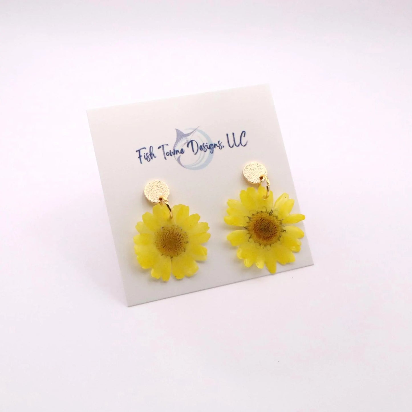 Yellow real flower resin earrings with 18K gold plated posts dainty floral dangle earrings handmade jewelry