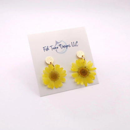 Yellow real flower resin earrings with 18K gold plated posts dainty floral dangle earrings handmade jewelry